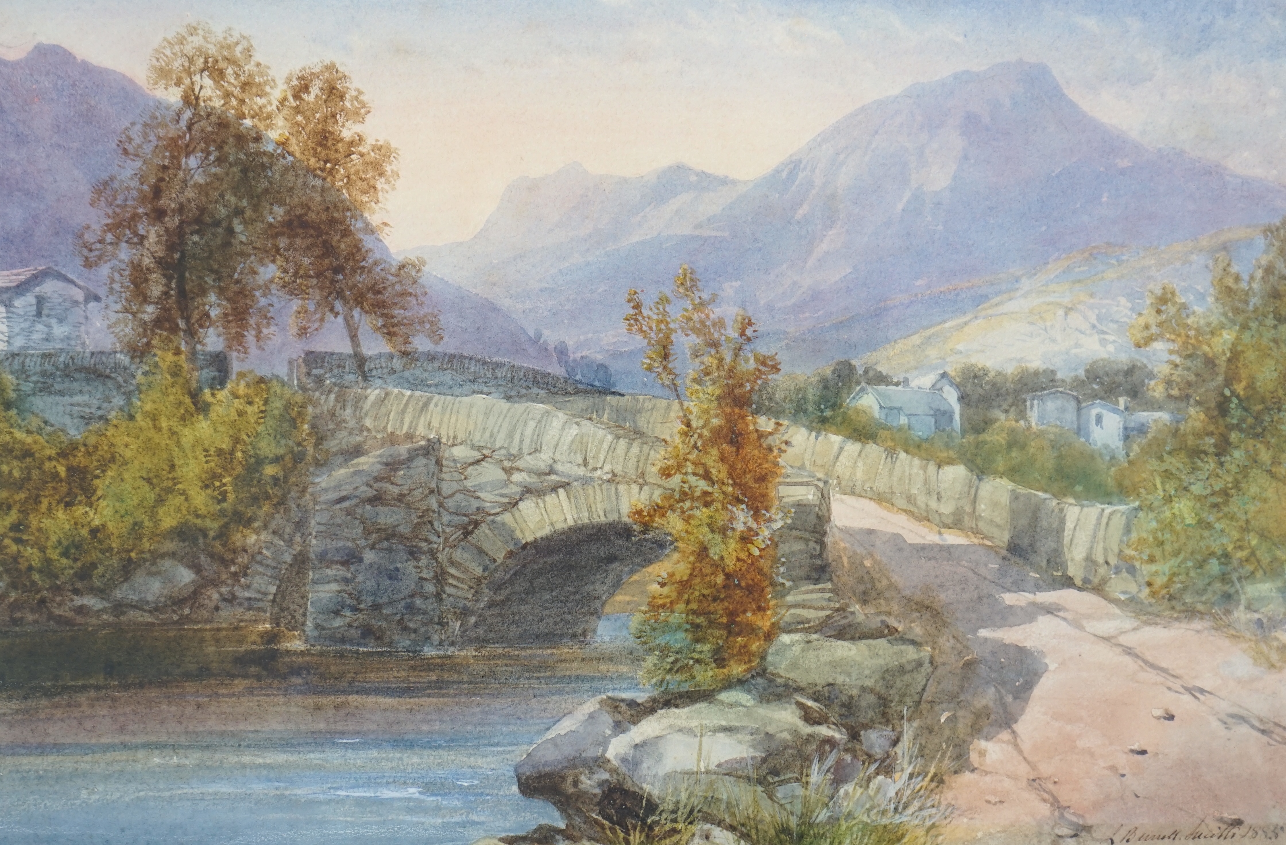 James Burrell Smith (British, 1822-1897), watercolour, 'Old stone bridge, Lake District', signed and dated 1885, 21 x 32cm. Condition - good